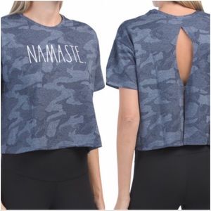 Rae Dunn Namaste Top Cropped Mesh Blue Camo Short Sleeve Tee Keyhole Back Large